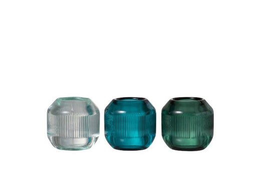 Porta velas Estrias Banda Cristal  / Azul-Verde- Blanco/ 9x9x9cm